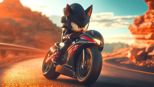 Anthropomorphic hedgehog riding sport bike on desert road.