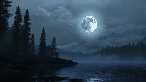 Moonlight slips like silver ink across the misty lake