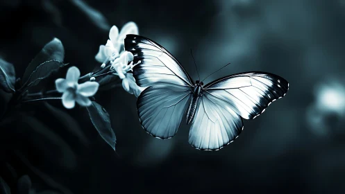 Monochrome butterfly hovers over small blossoms in soft focus