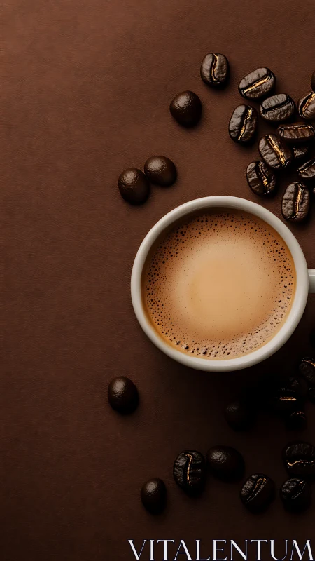 Cozy cup of creamy coffee amid scattered roasted beans.