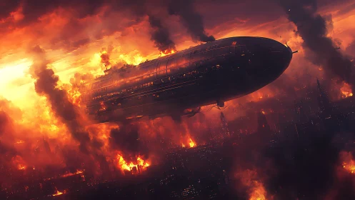 Gigantic armored airship crosses burning dystopian megacity sky