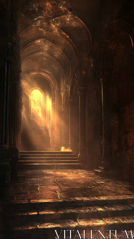 Sunlit stone stairway in grand vaulted corridor interior.