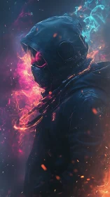 Hooded wanderer wrapped in neon fire and cool blue smoke.