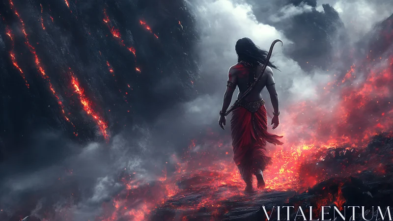 Volcanic warrior traverse through incandescent basalt field.