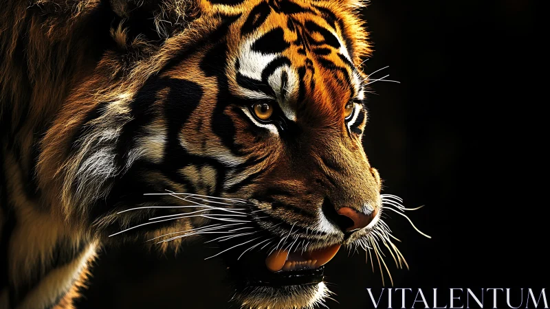 Photorealistic tiger profile in dramatic low-key lighting.