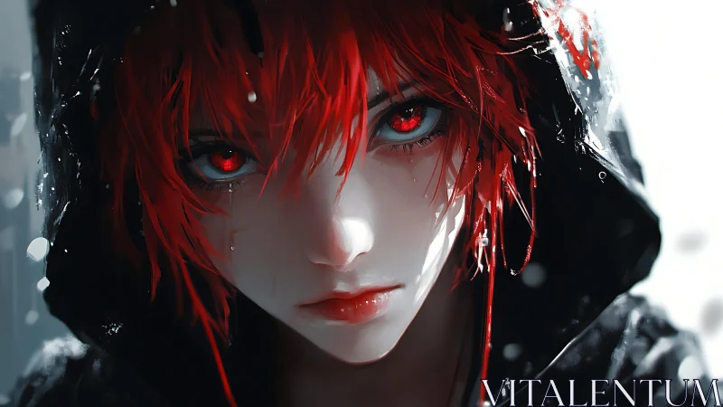 Red-eyed hooded figure stares through falling snow. Period.