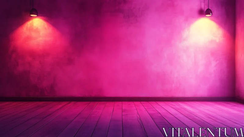 Empty pink room displays wooden floor and two ceiling lamps