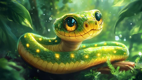 Glowing green snake coils under soft forest bokeh light.