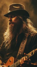 Backlit country guitarist in smoke with hat and electric guitar