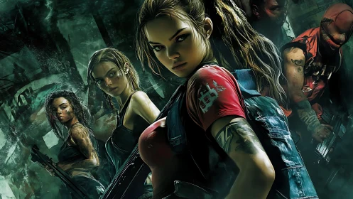 Armed mixed-gender squad in dystopian urban combat setting.