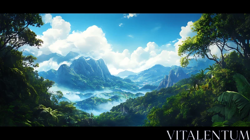 Tropical mountain valley panorama with luminous cloudscapes.