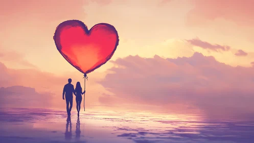 Couple with Heart Balloon at Sunset Beach: Romantic Digital Composition.