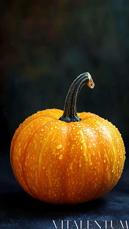 Glowing orange pumpkin glistens with dewdrops in darkness.