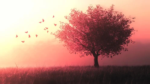 Solitary tree with flying birds in warm sunset field scene.