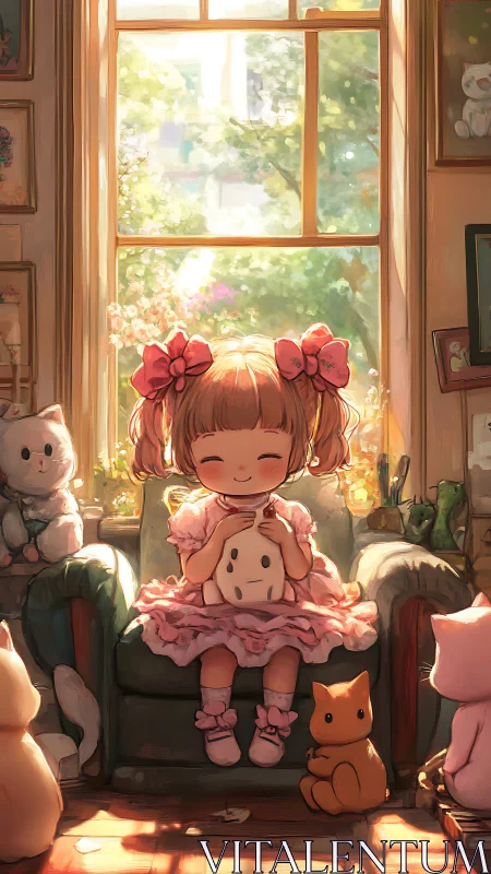 Digital painting of girl in sunlit room with plush cats.