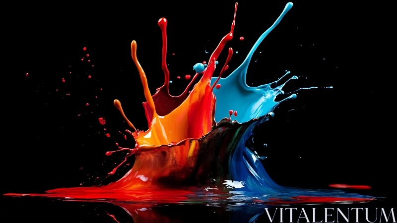 Colored liquid splashes intersect against a black background