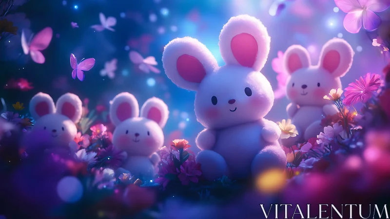 Moonlit bunny garden where plush dreams flutter softly.