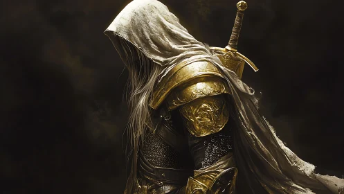 Hooded golden paladin drifting through ember-tinted gloom.
