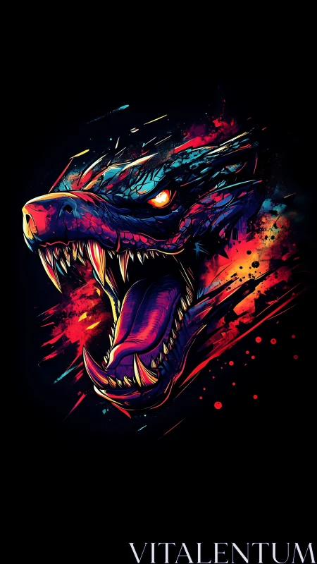 Neon dragon head roar in explosive abstract strokes.