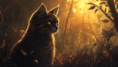 Black Cat's Golden Hour Gaze in Mystical Forest.