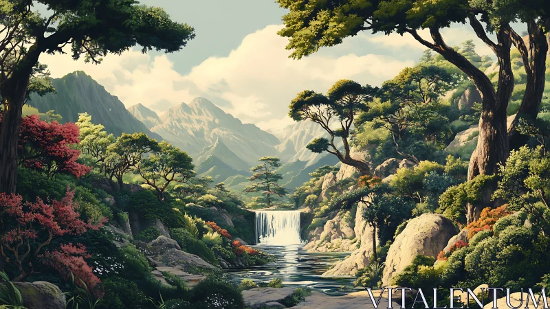 Secret waterfall valley dreaming beneath painted mountains.