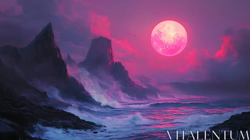 Neon moonrise over storm-steep cliffs and electric tides.