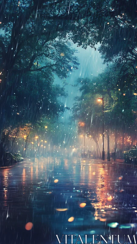 Rain-soaked city street reflects lamps under dense tree canopy