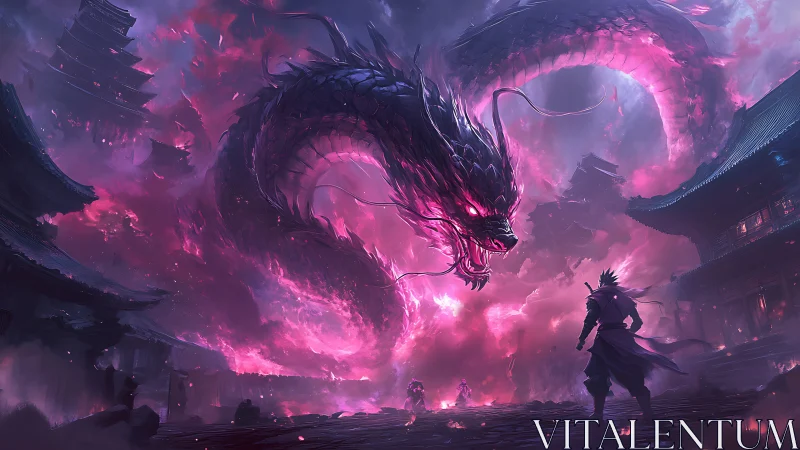 Spectral neon dragon over samurai in burning temple city