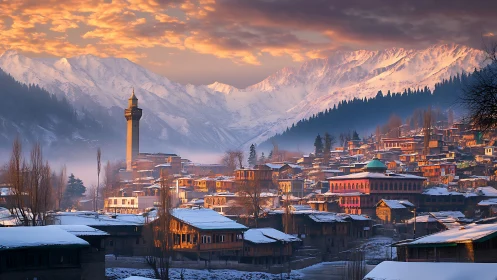Snow-laden mountain townscape at sunrise with minaret tower