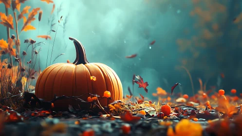 Single pumpkin in soft focus autumn forest setting.