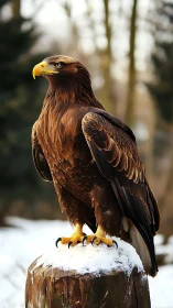 Photorealistic eagle portrait on snow-covered wooden perch.