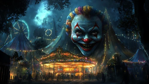 Sinister clown carnival looms over glowing night carousel