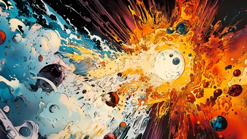 Cosmic collision dividing fire and ice in explosive waves.