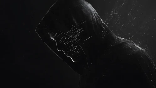 Hooded figure in dark profile with fragmented digital face.