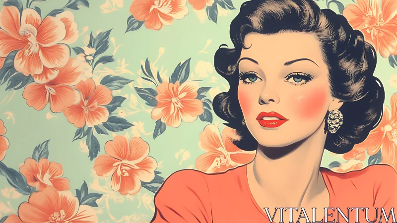Retro portrait of woman with floral pattern background.
