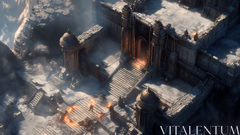 Ruined mountain citadel with fiery gate assault scene.