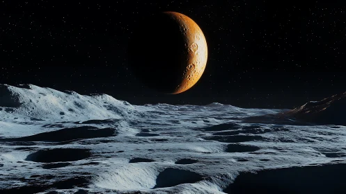 Crescent ember planet above a frozen cratered moonscape.