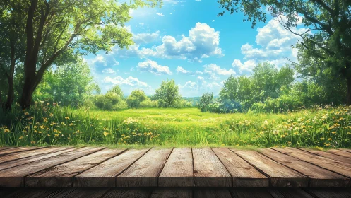 Sunlit meadow view from a quiet wooden terrace retreat.