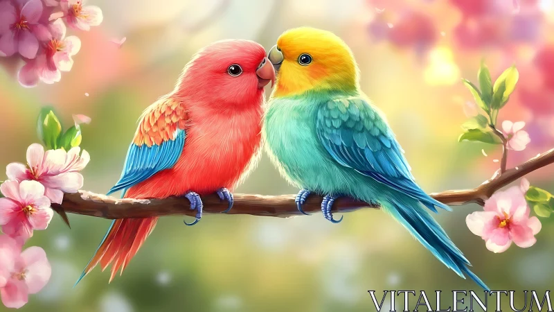 Two Colorful Parrots on Blossom Branch, Digital Art Illustration.
