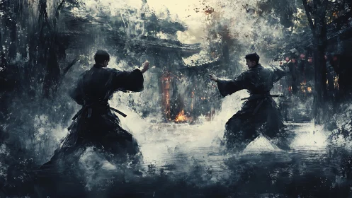 Martial duel in misty temple courtyard with dynamic brushwork.