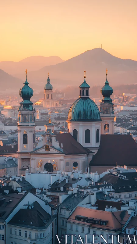 Copper domes drift in apricot dawn above a hushed city.