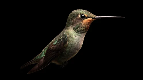 Detailed portrait of a vibrant hummingbird on black background.