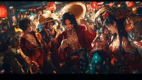 Vibrant festival crowd with dynamic anime street revelers.