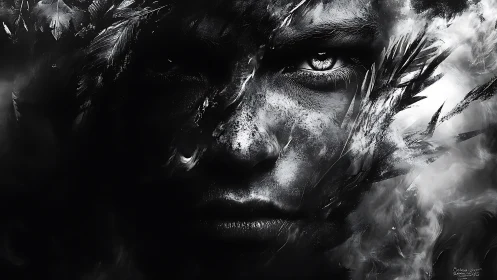 Monochrome warrior face merges with fractured smoke shards.