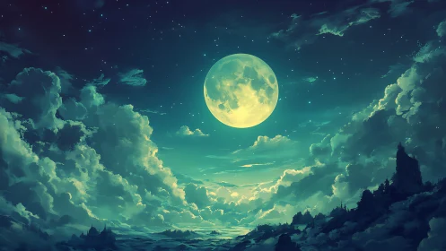 Full moon over teal night clouds and distant mountains.