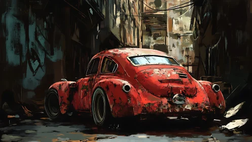 Rusty red classic car in narrow urban alley at dusk.