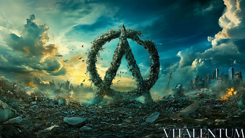 Apocalyptic wasteland encircles colossal debris peace emblem.