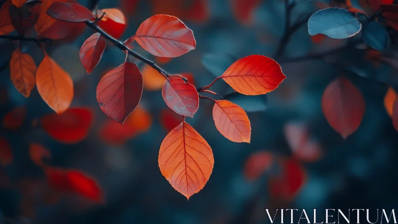 Autumn foliage close-up with teal bokeh and warm contrast.
