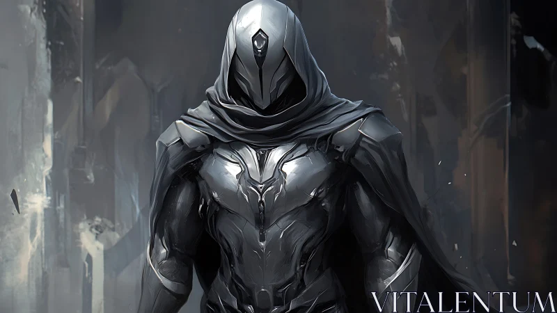 Hooded futuristic armored figure in a dark sci fi setting.