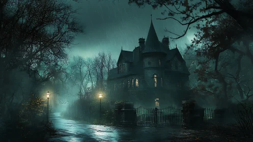 Gothic mansion in rainy forest setting with lamplit path.